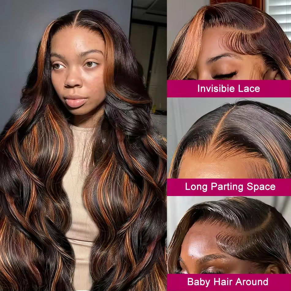 Perruque Lace Frontale HD 13x6 en Cheveux Humains Ondulés Ombrés Pré-Pluckée, Couleur 1B/30 Noir Bru