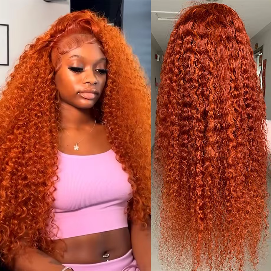 Perruque de cheveux humains frontale en dentelle HD vague d'eau de couleur orange 13x6 pre-plucked v