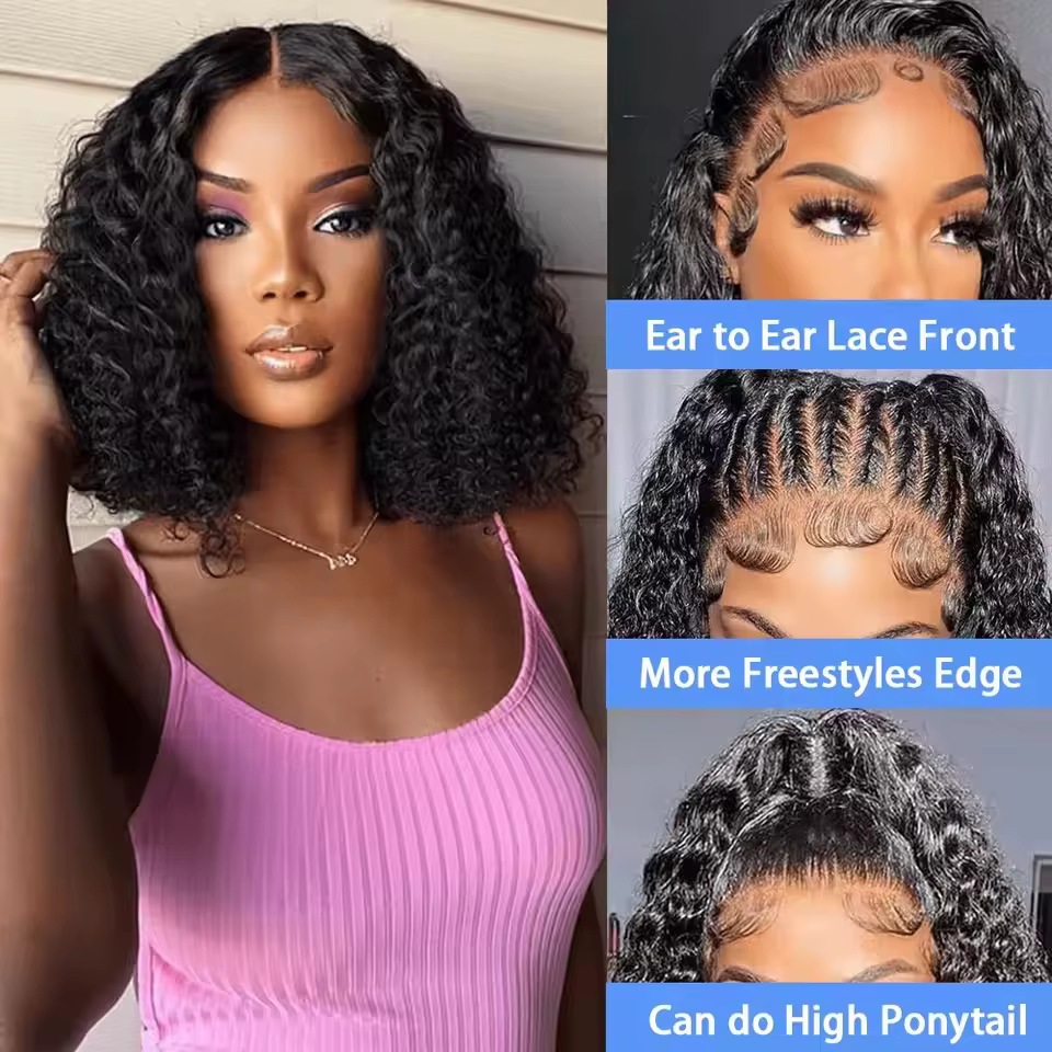 Perruque Bob Courte Sans Colle 200 Densité, 12 Pouces, Ondulée Profonde, Lace Front, Cheveux Humains