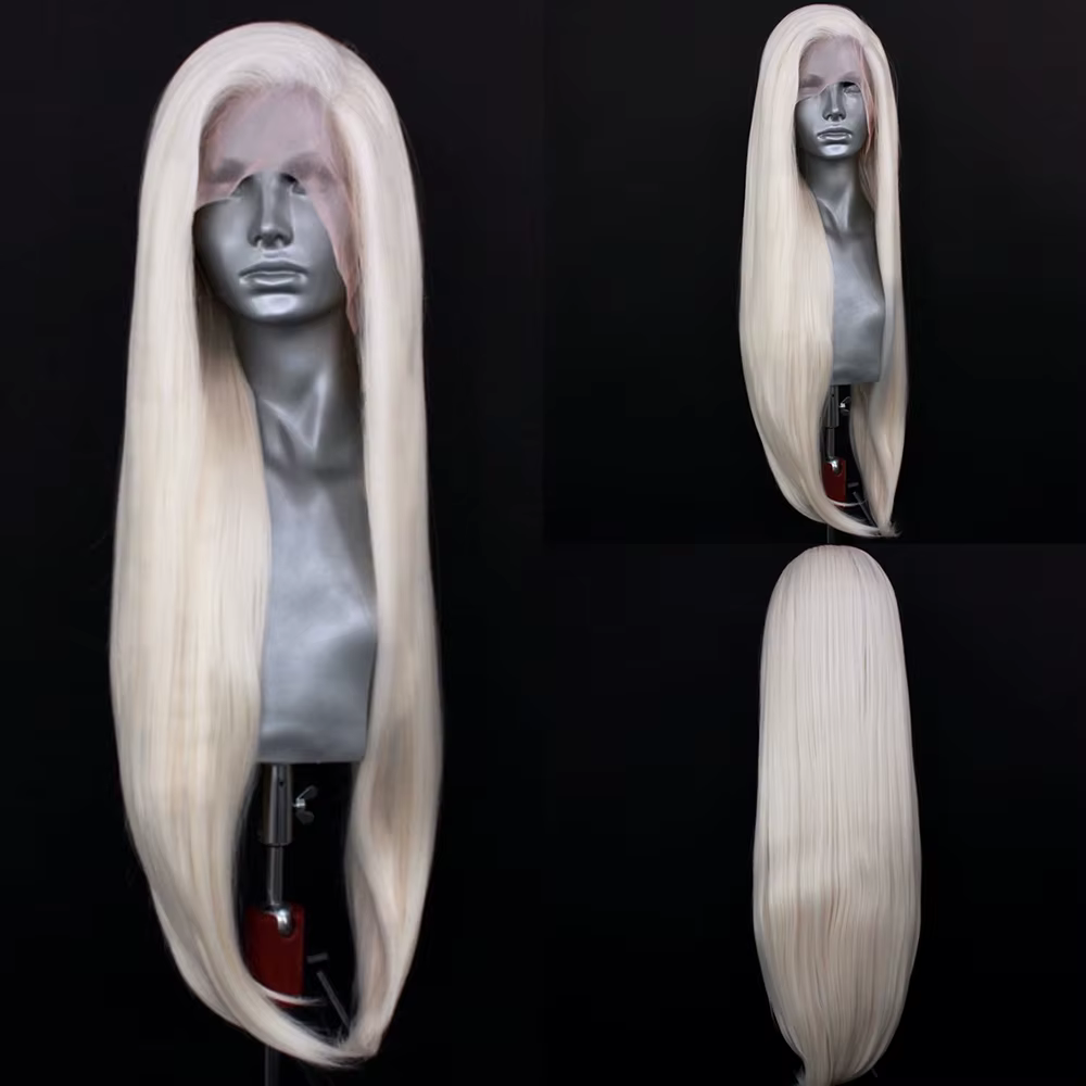 Perruque Lace Front Wig synthétique ondulée naturelle Blonde platine, cheveux synthétiques longs ond