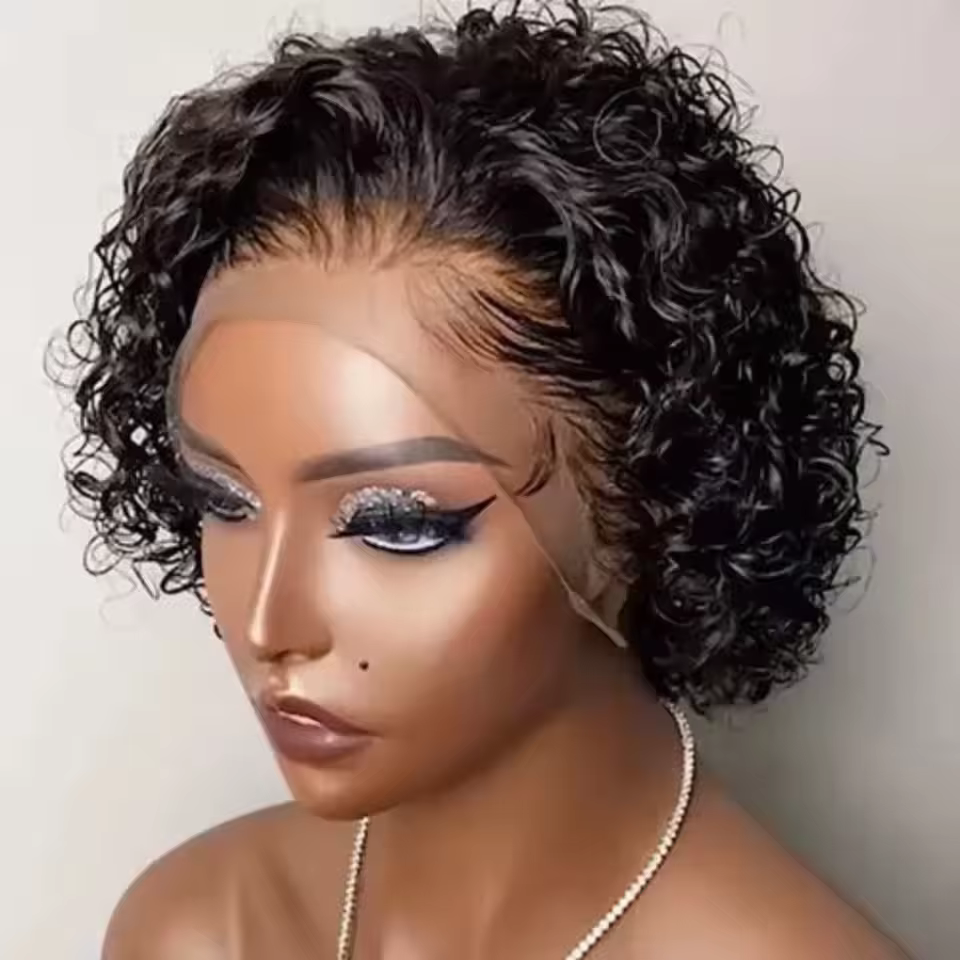 Perruques coupe lutin cheveux humains courts bouclés avant de lacet perruques de cheveux humains bré