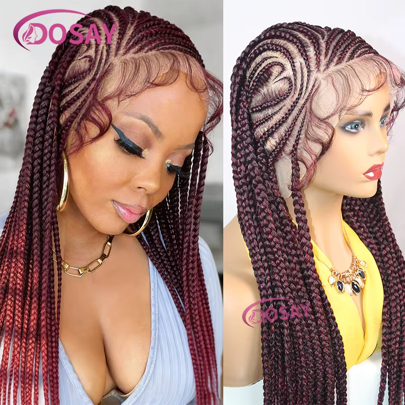 Perruque tressée synthétique bordeaux de 36 pouces, sans nœuds, style cornrow, pour femmes, perruque