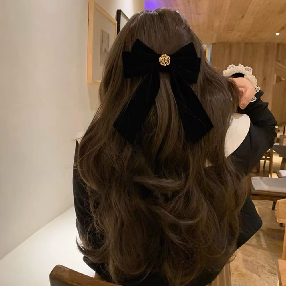 Pince à cheveux avec nœud en velours noir français, camélia rétro, ruban en velours, épingle à cheve