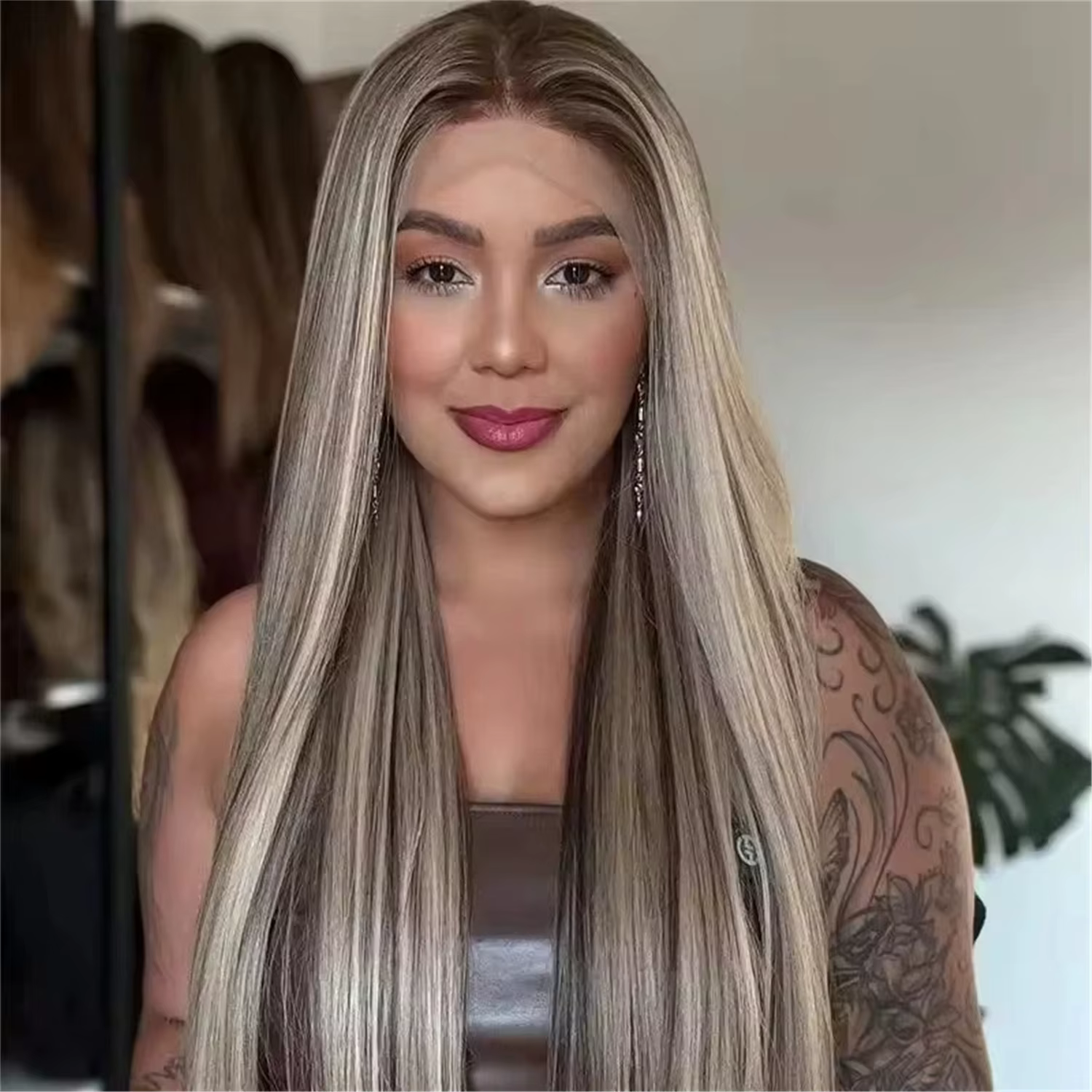 Perruque synthétique longue à dentelle, cheveux raides ombrés blond-brun, haute qualité, non nouée, 