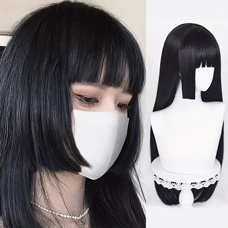 Perruque synthétique noire longue et droite naturelle avec frange, perruque de cosplay Lolita pour f