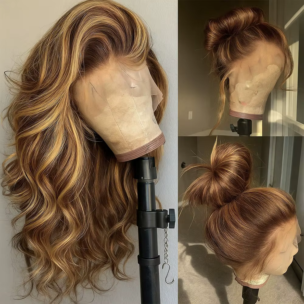Perruque Frolo Body Wave 13x6 HD Lace en Cheveux Humains Péruviens, Mèches Blondes 4/27 Ombré Marron