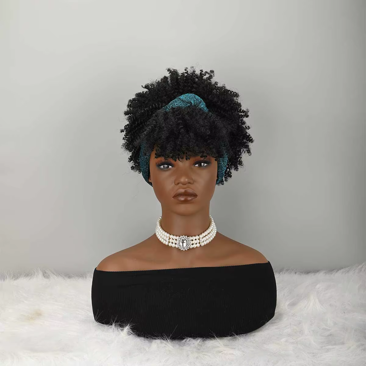 Perruque Bandeau Bouclée avec Frange pour Femme, Perruque Synthétique Afro Bouclée avec Bandeau Inté