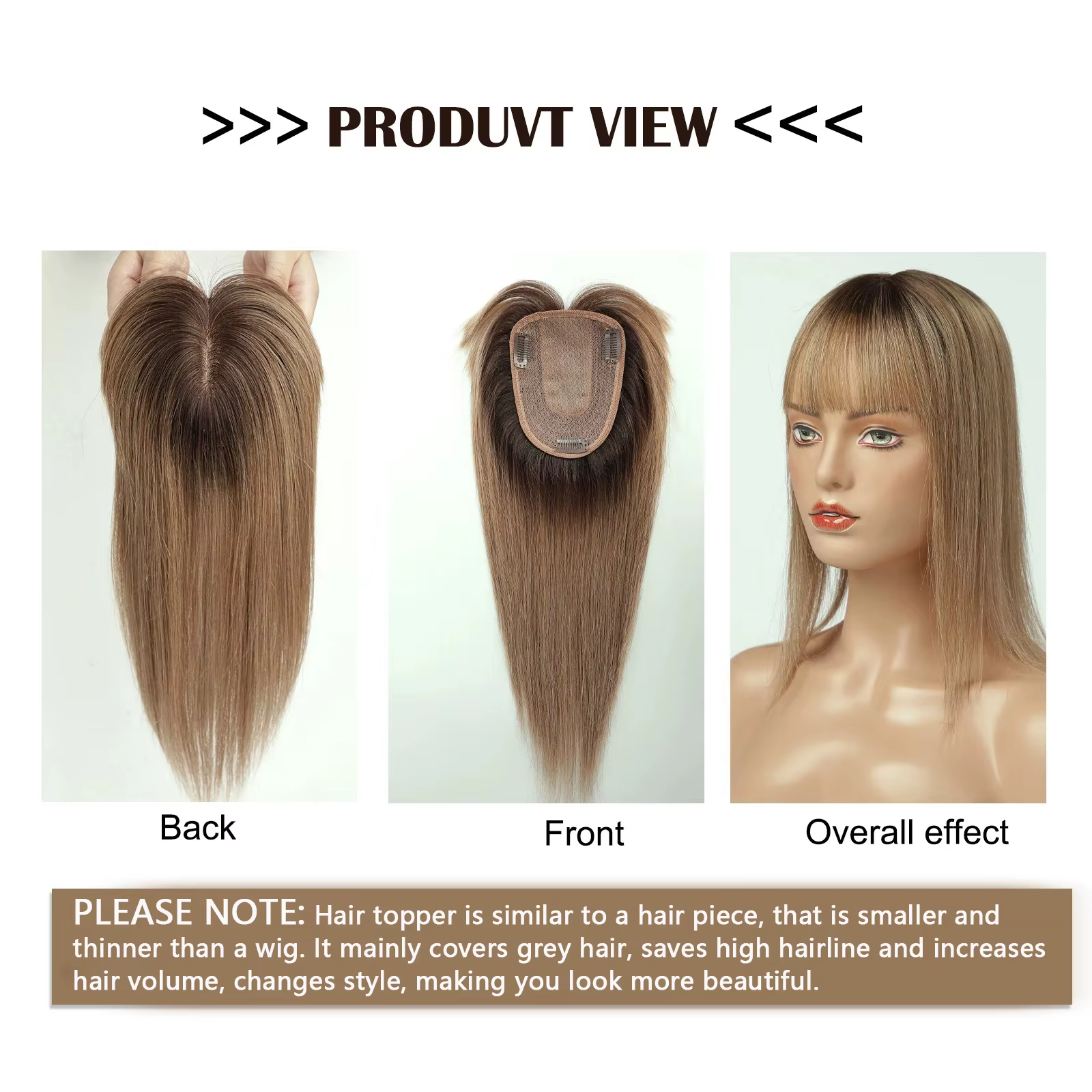 100% Remy cheveux humains Toppers avec frange 14 pouces brun ombré pièces de cheveux humains pour le