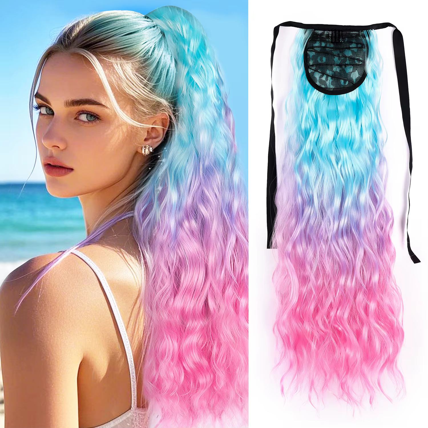 Extensions de queue de cheval colorées synthétiques bleu violet rose Ombre couleur vague d'eau queue