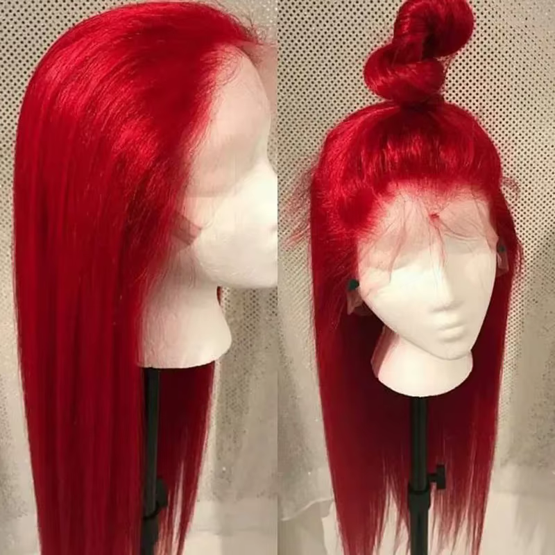 Perruque Lace Front Wig synthétique lisse et longue en soie rouge, 13x4 HD, pre-plucked, sans colle,