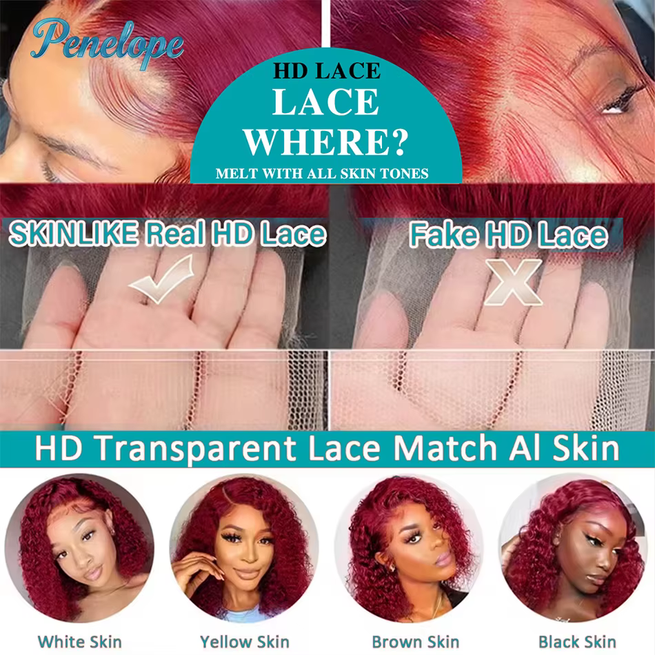 Perruque de cheveux humains bouclés brésiliens Deep Wave, densité 220, couleur bordeaux 99J, avec de