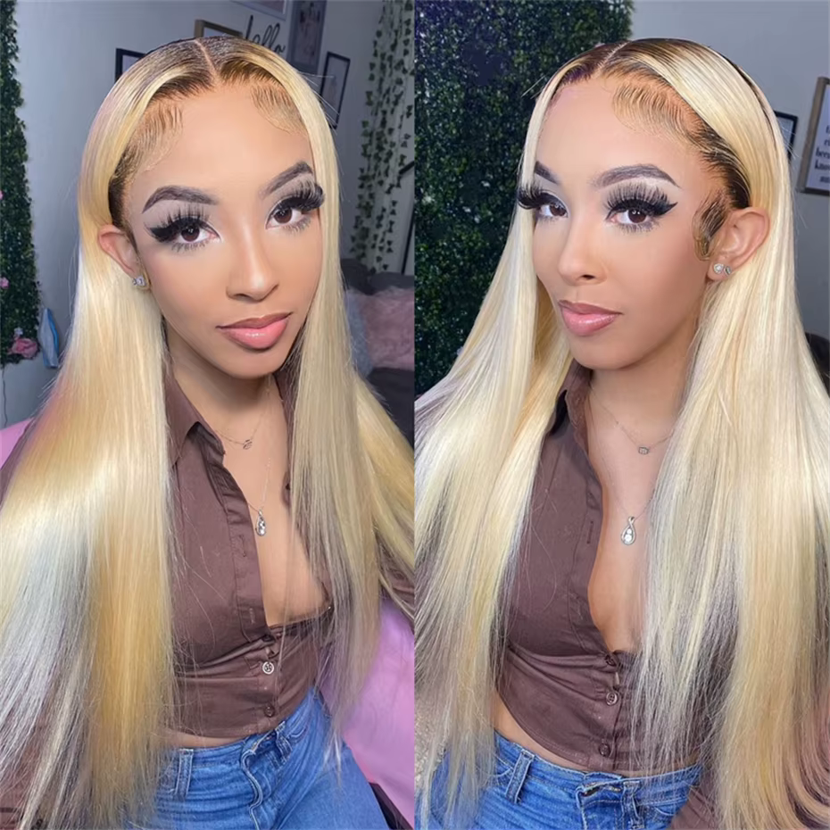 Perruque Lace Frontale 13x6 en Cheveux Humains, Couleur Ombré Blond 1B613, Pré-épilée, Lisse Baguett