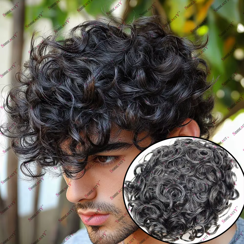 Hommes 26mm naturel bouclés cheveux humains toupet remplacement capillaire prothèse 100% cheveux hum