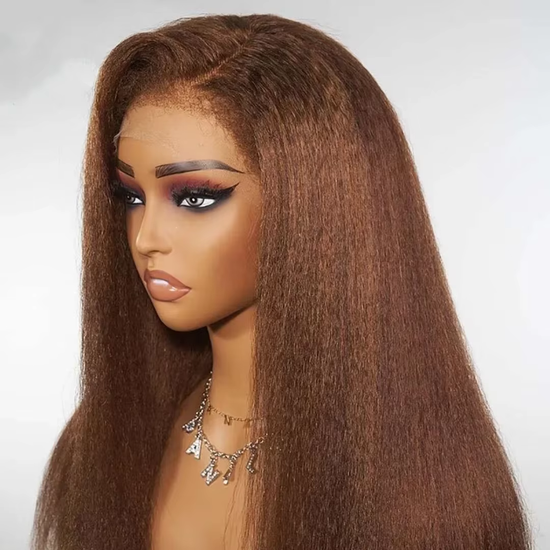 Perruque Lace Front Wig Yaki lisse et crépue sans colle, brune naturelle, douce, longue, 28 pouces, 