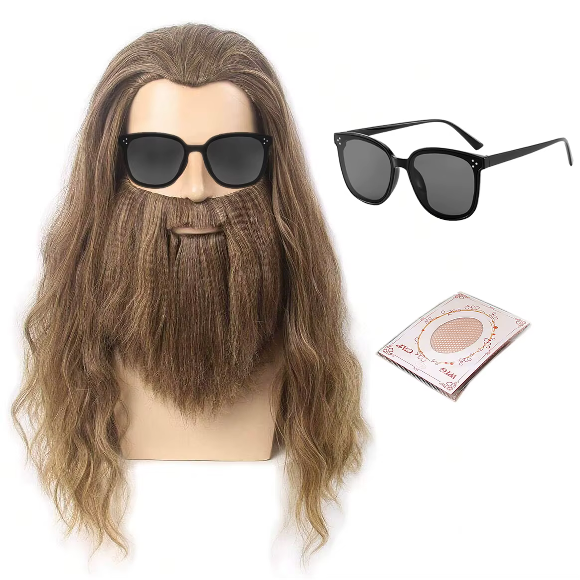 Perruque REEWES avec barbe, costume de vieil homme, cheveux synthétiques gris longs bouclés Yaki, pe
