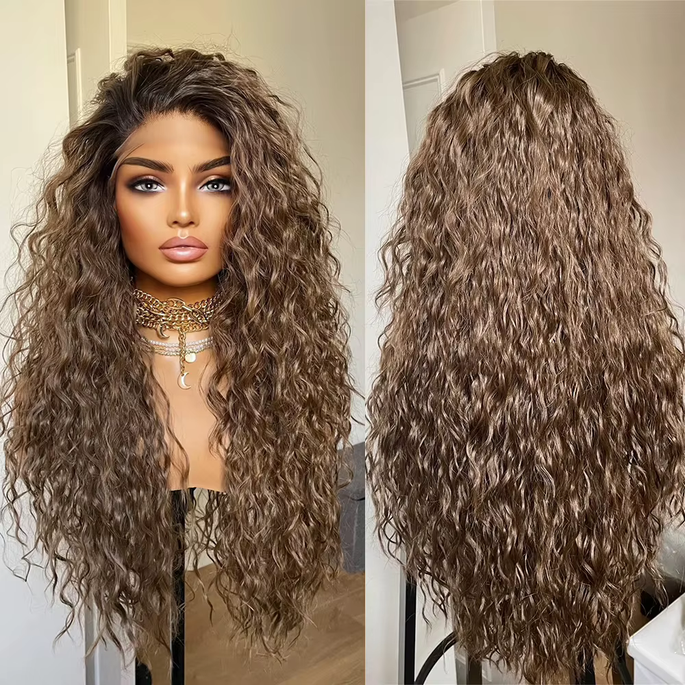 Perruque synthétique bouclée brun cendré foncé, racines foncées, petite taille de tête, perruques bo