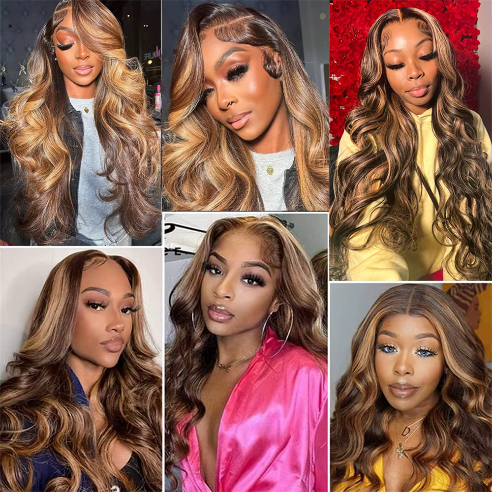 Mèches naturelles Body Wave à reflets, avec Lace Frontal 13x4, blond miel, Extensions de cheveux ave