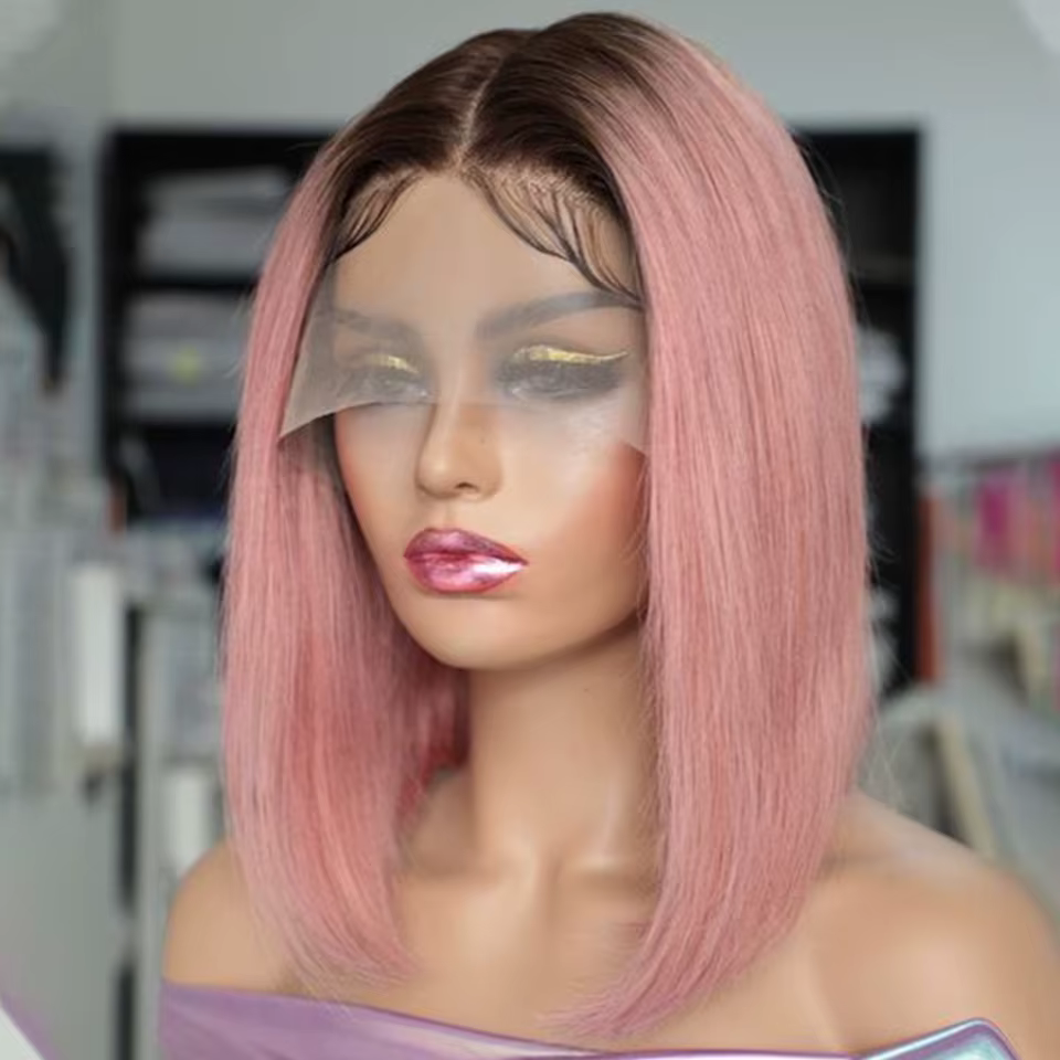 Perruque Bob Lace Front Wig naturelle lisse rose ombré, cheveux courts, Transparent, nœuds décolorés