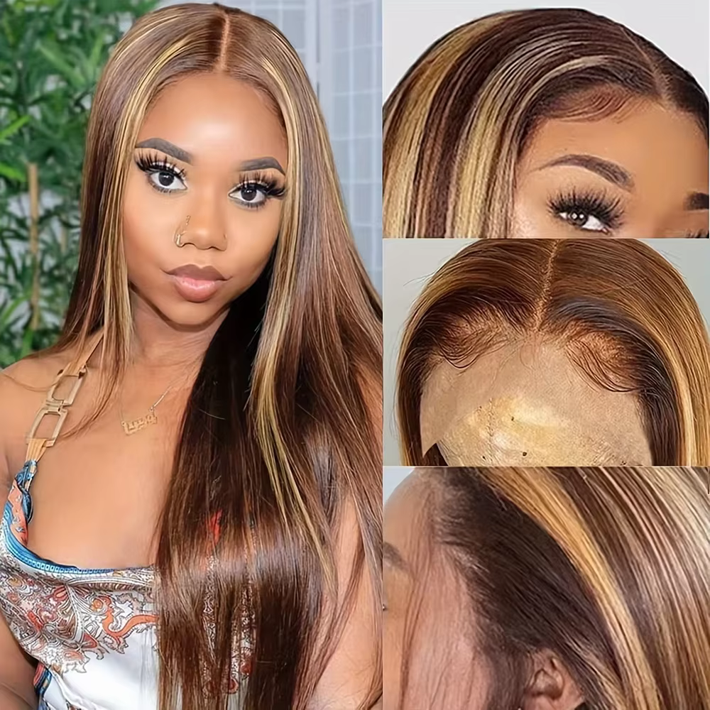 Perruque P4/27 Highlight en Cheveux Humains, Perruque Lace Front 13x6 Ultra Lisse, Perruque Colorée 
