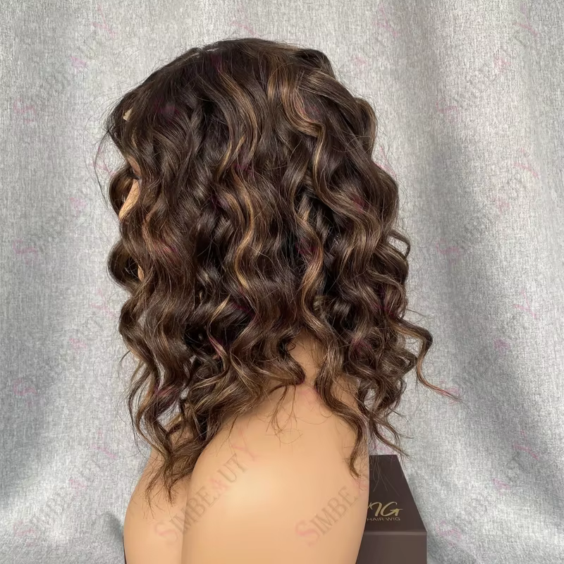 Perruques Courtes Bob Ondulées Profondes pour Femmes, Cheveux Humains, Brun Miel avec Mèches Blondes