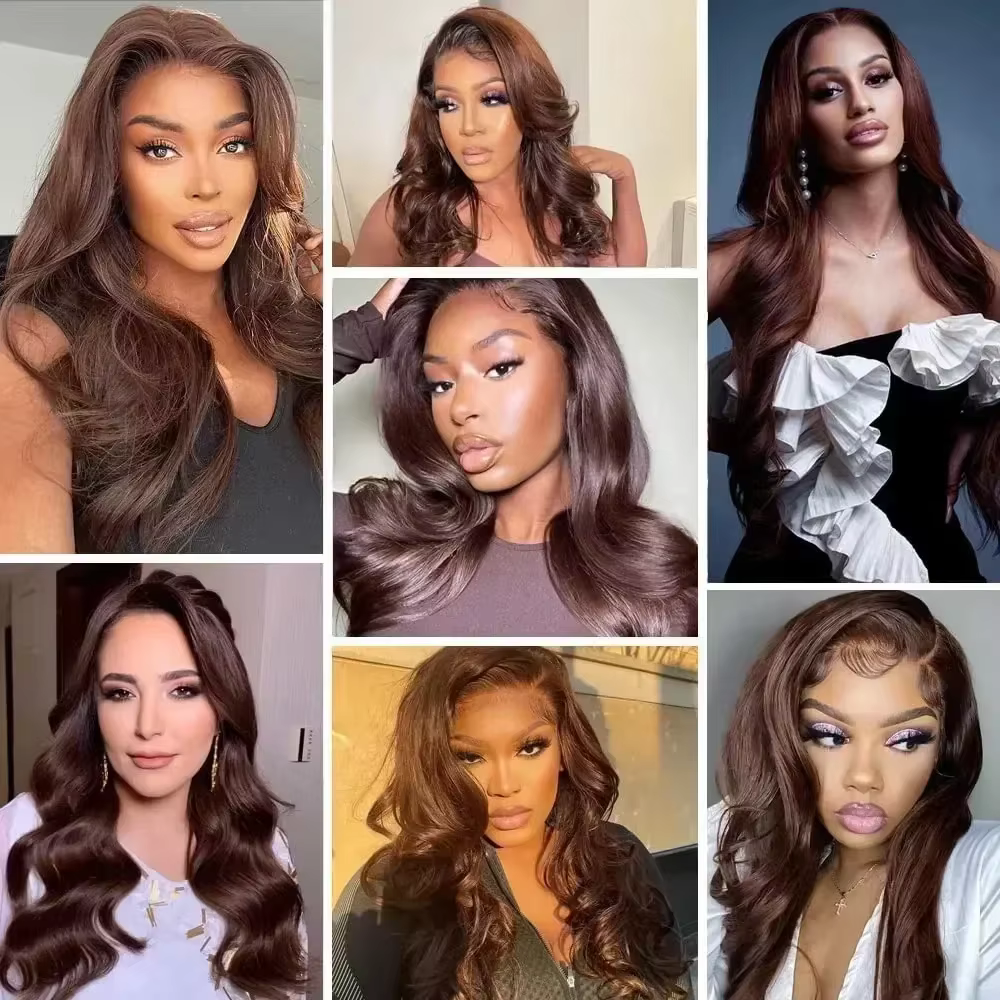 Perruque Lace Front Wig Body Wave Brésilienne Naturelle, Cheveux Humains, Brun Foncé, Chocolat, Pre-