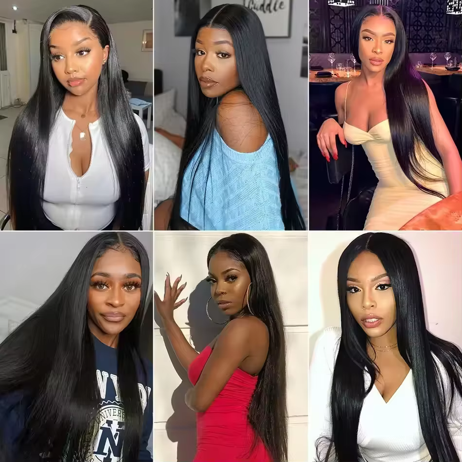 Perruques en cheveux humains lisses couleur naturelle sans colle en forme de V, cheveux Remy brésili