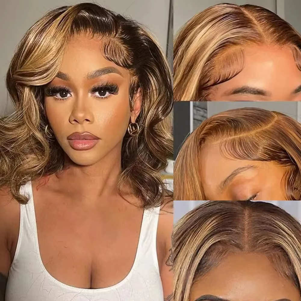 Perruque courte ondulée 4/27 en cheveux humains, perruque frontale HD 13x4 en dentelle complète, qua