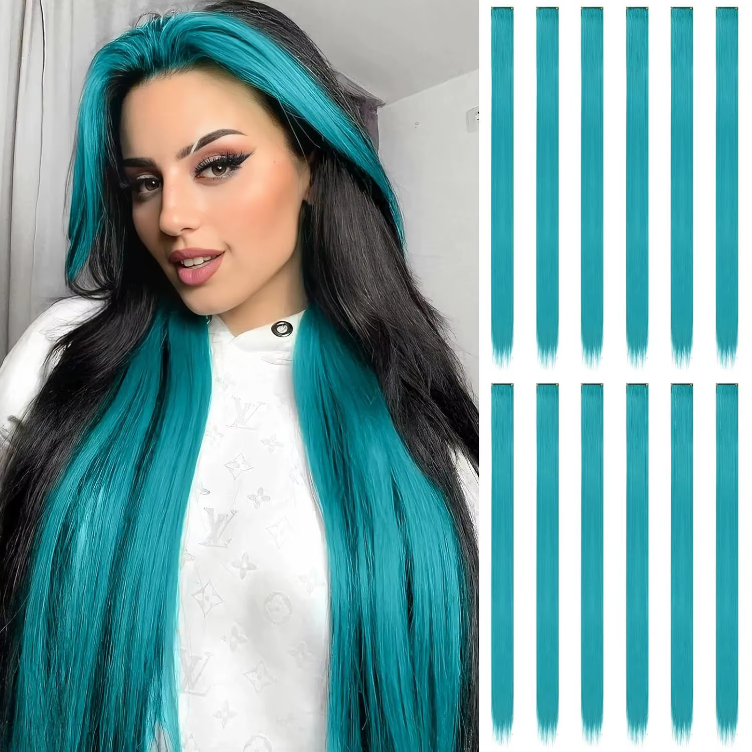 12 pièces Extensions de cheveux bleu sarcelle à clips, Extension de reflets de fête colorés pour enf