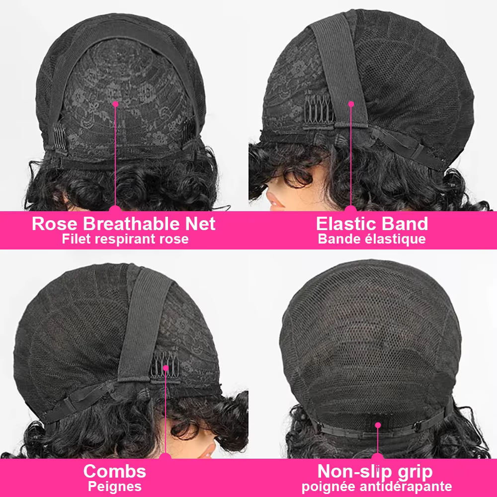 300% haute densité oeuf Curl coupe lutin perruque cheveux humains avec frange vague d'eau courte Bob