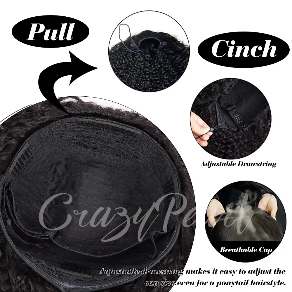CrazyPearl Demi-perruque 3 en 1 en cheveux humains, densité 200%, bouclée crépue, sans couture, à po