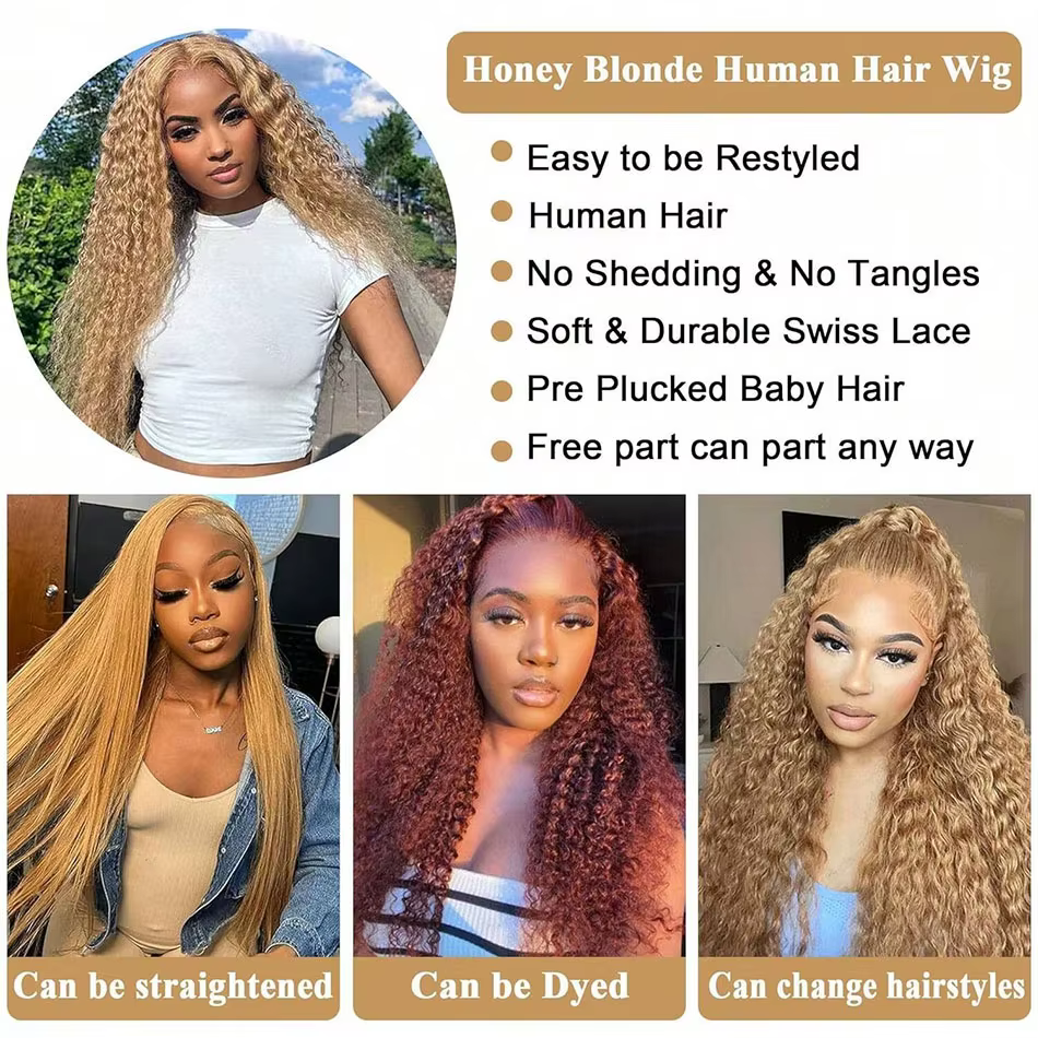 Perruque Lace Front Deep Wave 13x6 # Perruque Lace Front 27 Blond Miel Ondulée 30 Pouces Densité 200