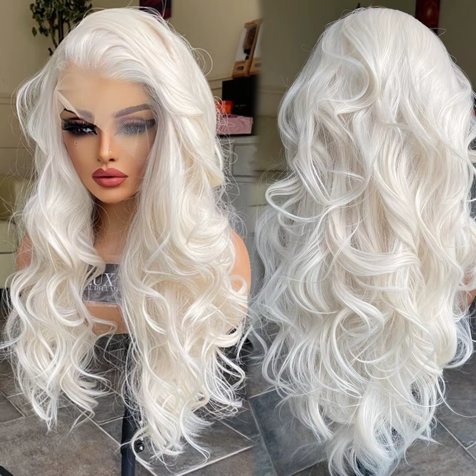 Perruque Lace Front Wig Synthétique Sans Colle Blond Platine, Pre-Plucked avec Baby Hair, Body Wave,