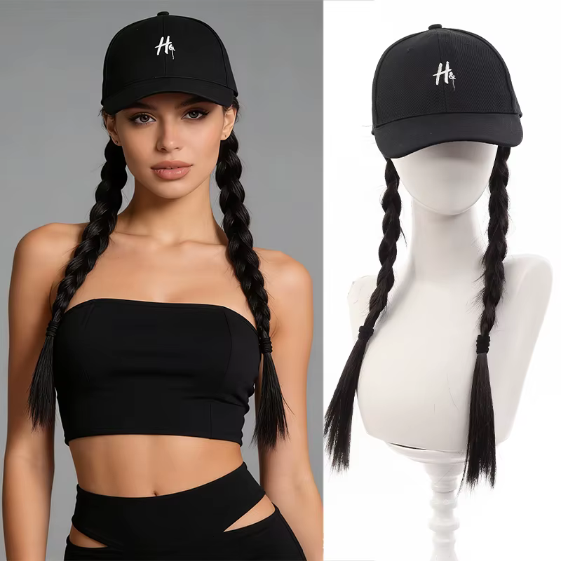 Casquette de baseball pour femme avec perruque intégrée, en fibre synthétique, noire, avec deux tres