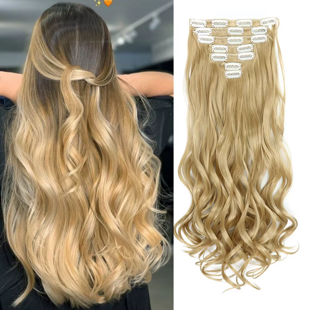 Extensions capillaires synthétiques à clips, 7 pièces, tête complète de 22 pouces, longues, bouclées
