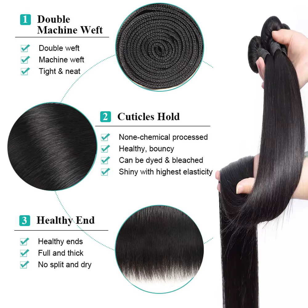 Extensions de cheveux humains lisses en lots de 28, 30, 32 pouces avec frontal en dentelle 13x4, tis