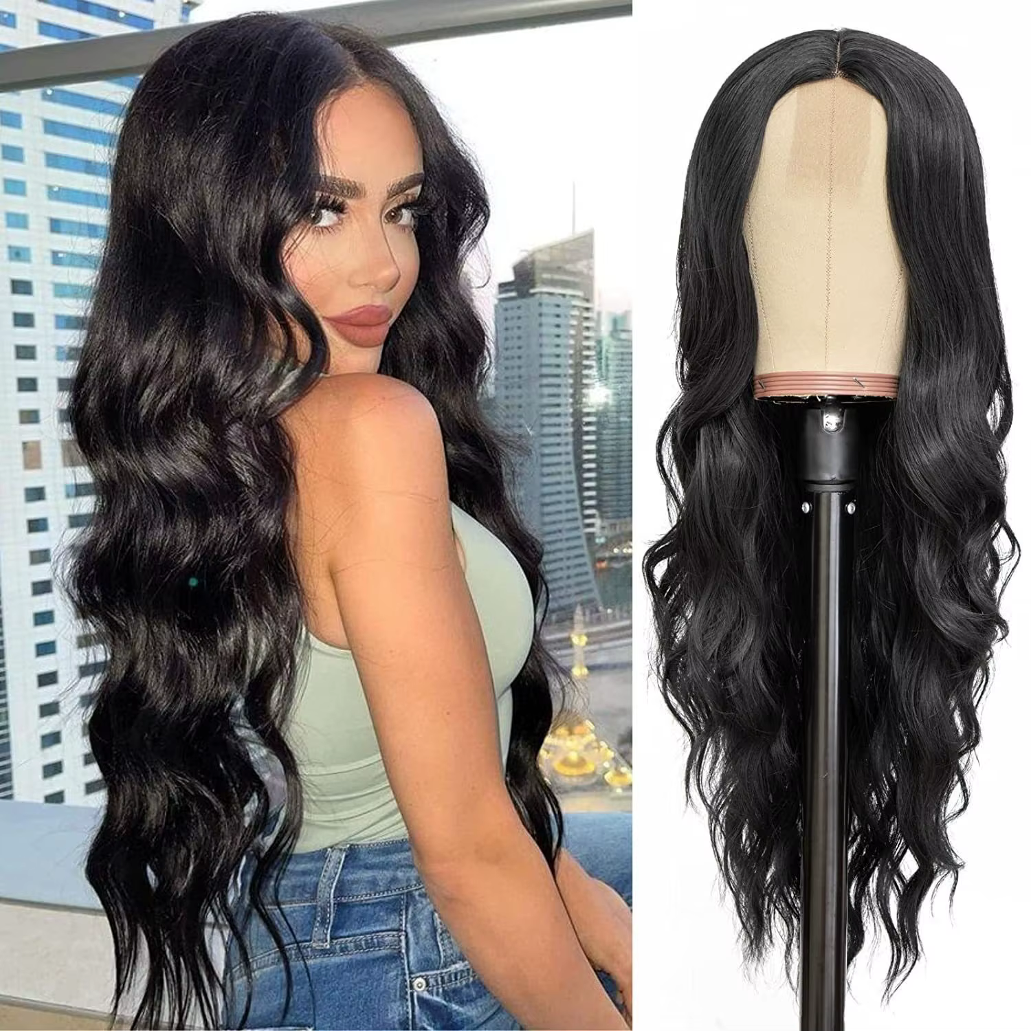 Perruque synthétique noire à la mode, grandes vagues, cheveux longs et bouclés, cheveux longs et moe