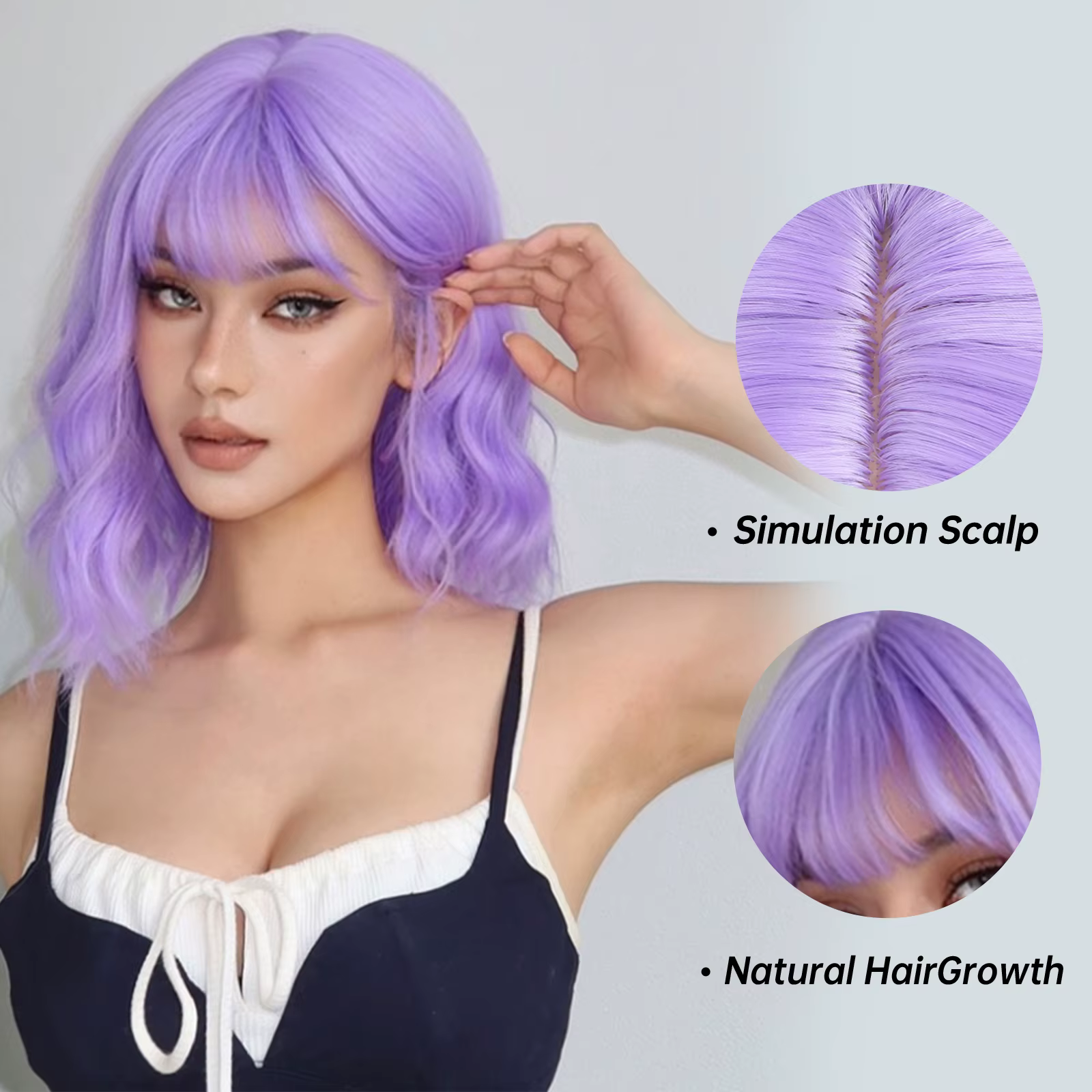 Perruque synthétique bouclée violette clair longue avec frange pour femmes, cheveux naturels courts 