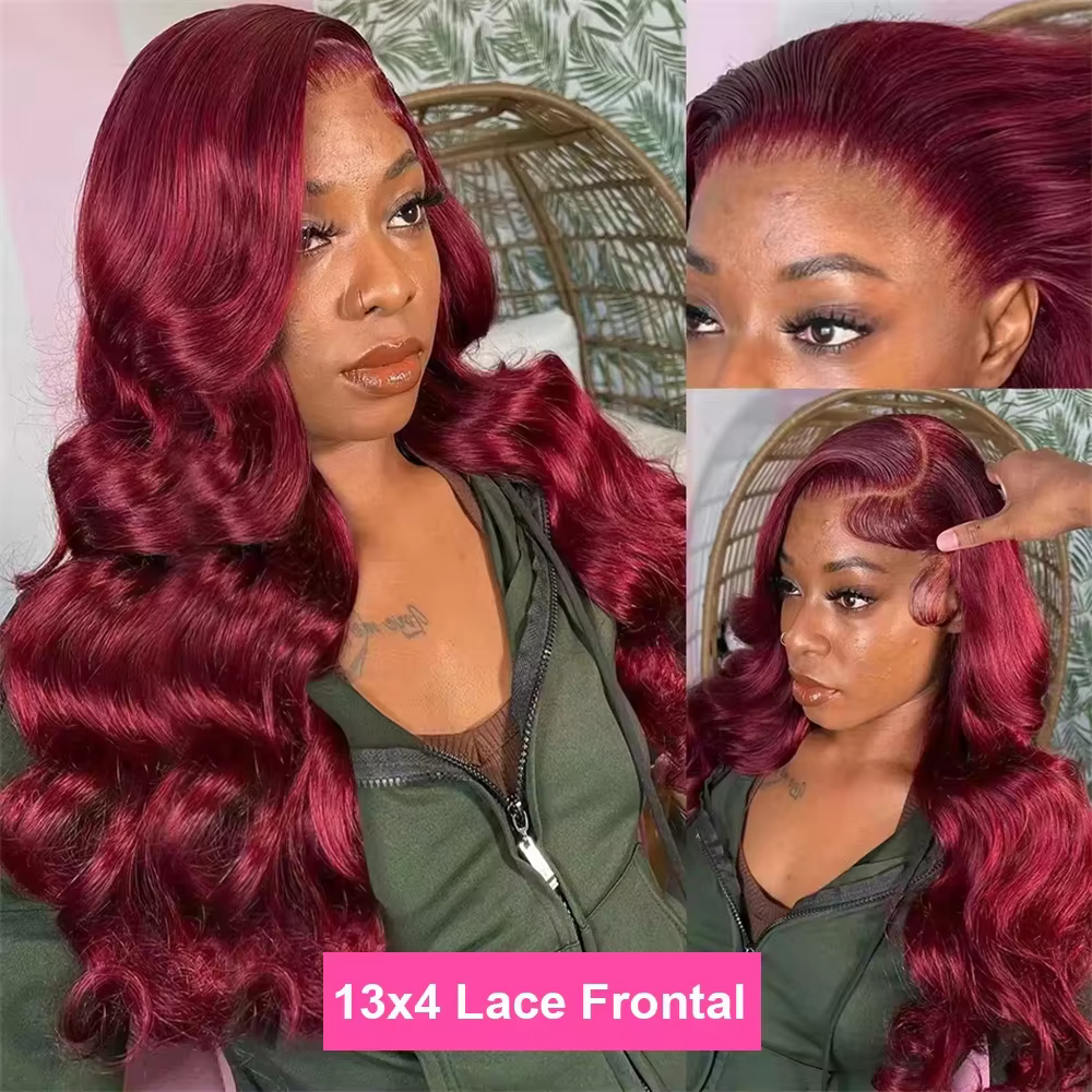 Perruques Lace Front Body Wave 13x6 en Cheveux Humains pour Femmes, Perruques Lace Front 99j Bordeau