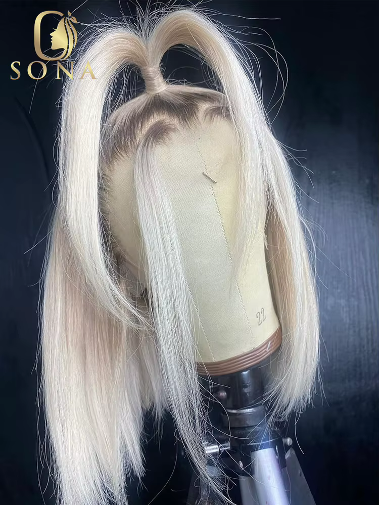 Perruque Bob Lace Front Wig naturelle brésilienne Remy, cheveux lisses, pre-plucked, racines foncées