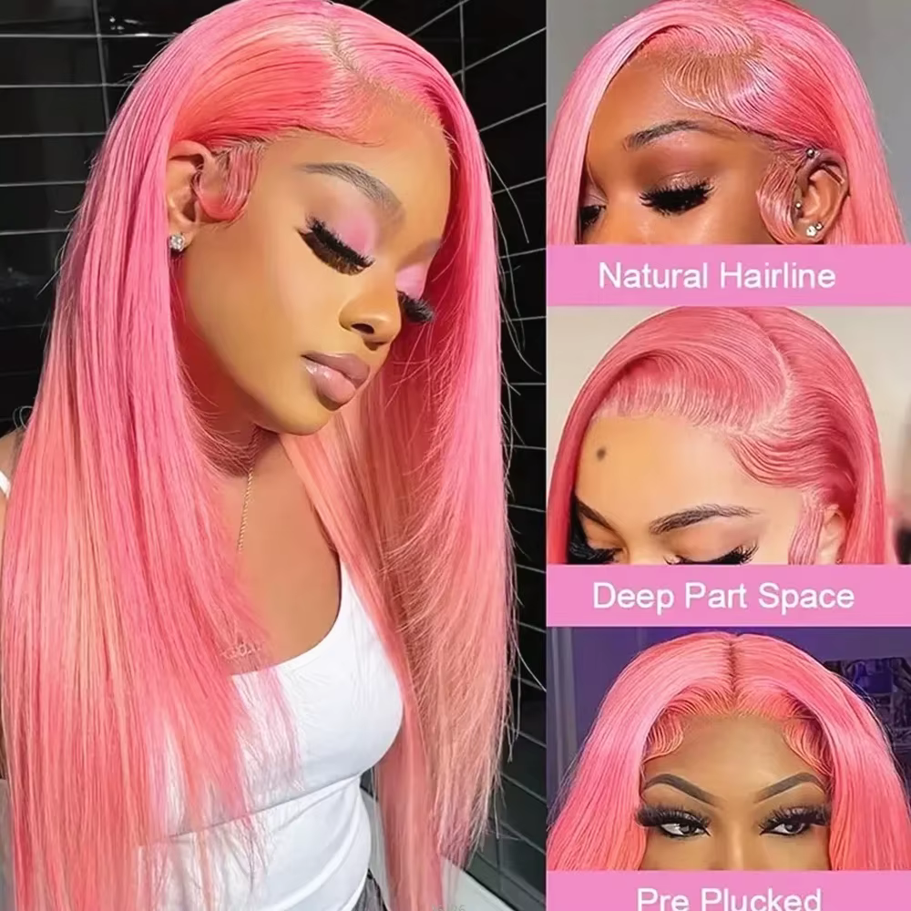 Perruques Lace Front HD 13x6 en cheveux humains, couleur rose clair, lisses comme des baguettes, pou