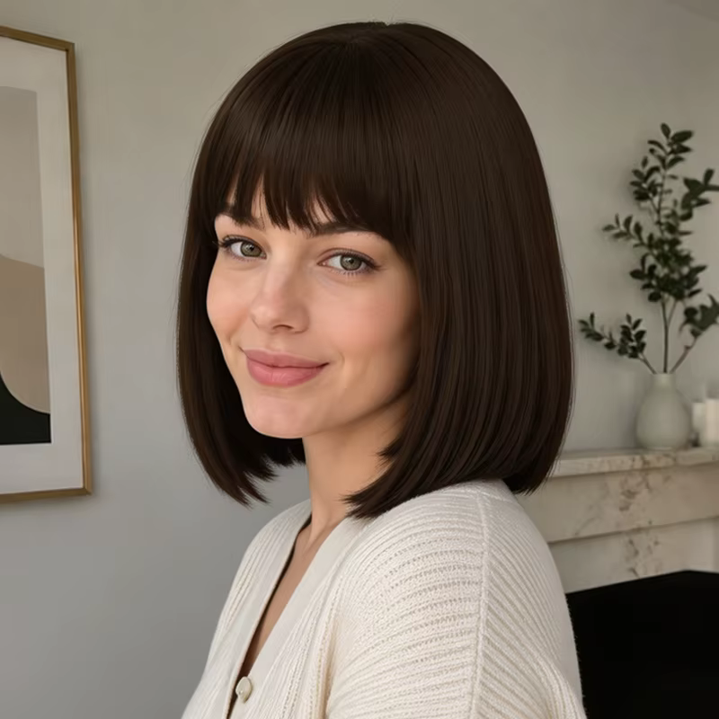 Perruque bob brune de 12 pouces, en cheveux synthétiques naturels, adaptée à un usage quotidien pour