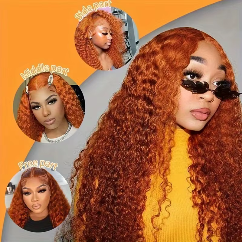 Perruque Lace Front Wig 350 naturelle brésilienne, cheveux humains, Deep Curly, couleur orange, 13x4