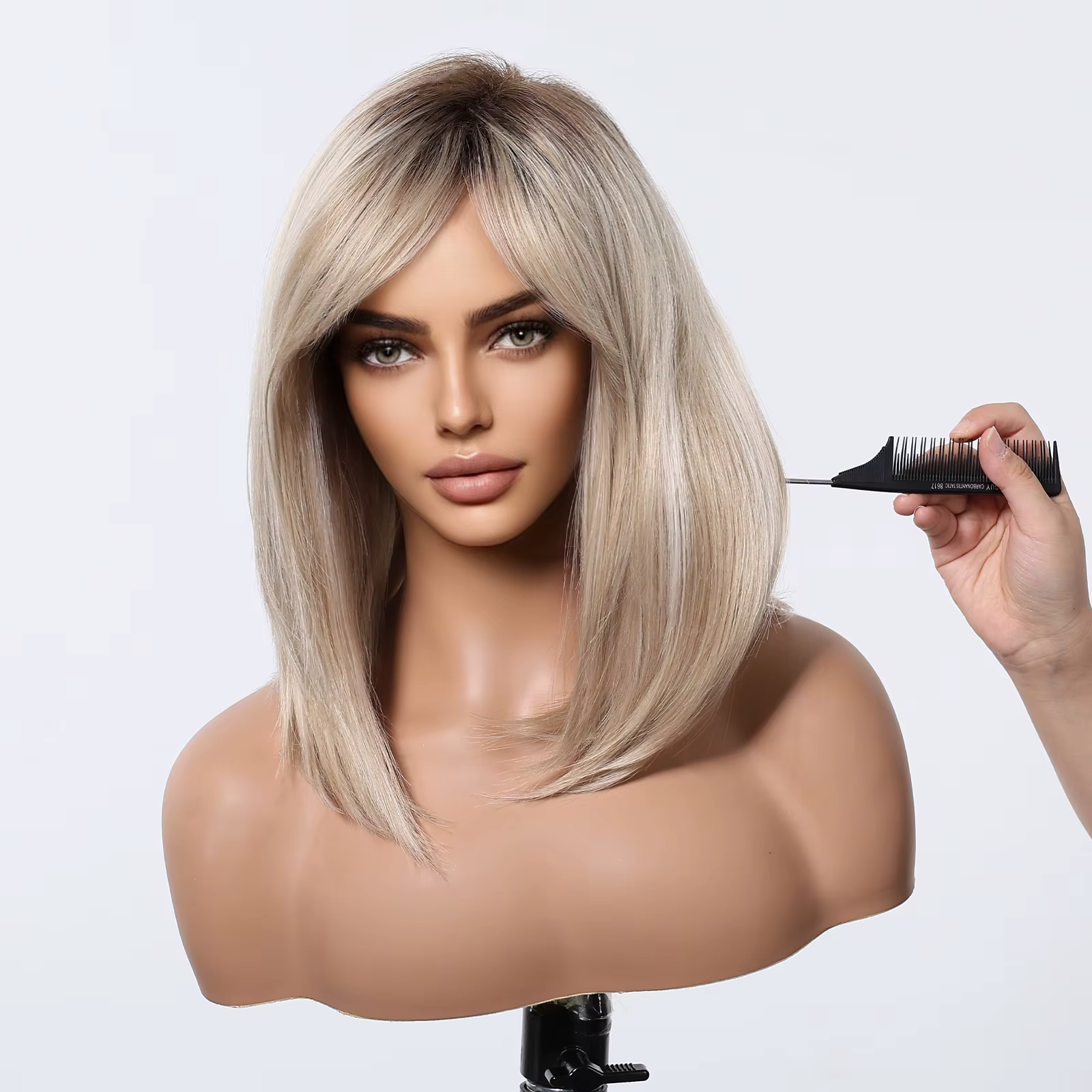 Perruques synthétiques lisses mixtes blondes platine, perruque mi-longue à racine foncée avec frange