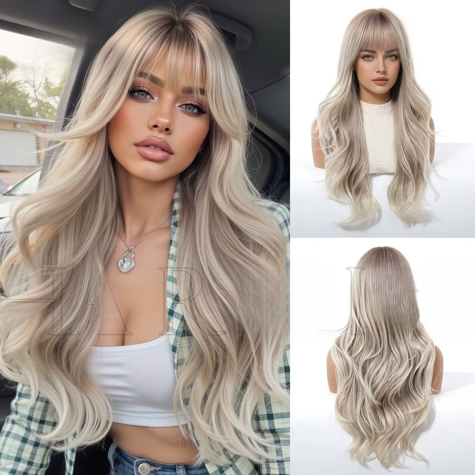 Perruque naturelle et volumineuse à cheveux longs bouclés gris blonds européens et américains, avec