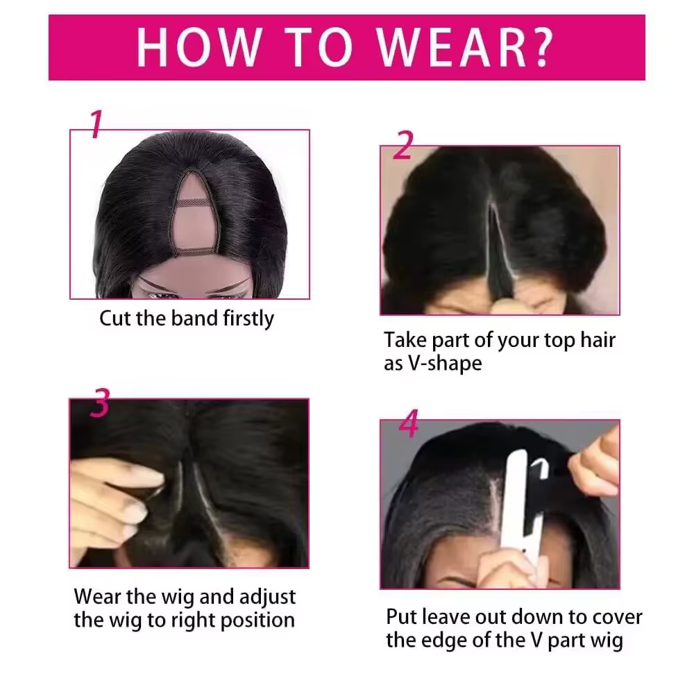 Perruque en cheveux humains en forme de V, ondulée, modèle U-Part amélioré, facile à poser pour débu