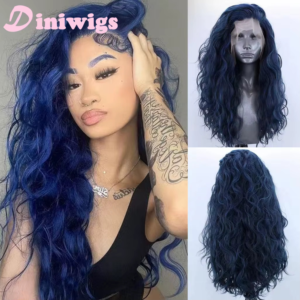 Perruque Lace Front Wig synthétique bouclée et longue, bleu foncé, 13x4, naissance des cheveux natur