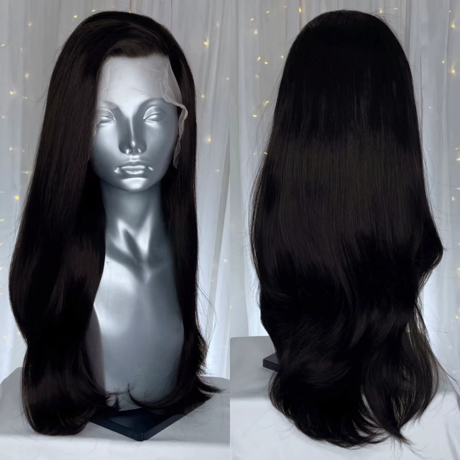 Perruque Lace Front Wig synthétique ondulée longue, brun foncé, 13x4, avec raie libre, coupe superpo
