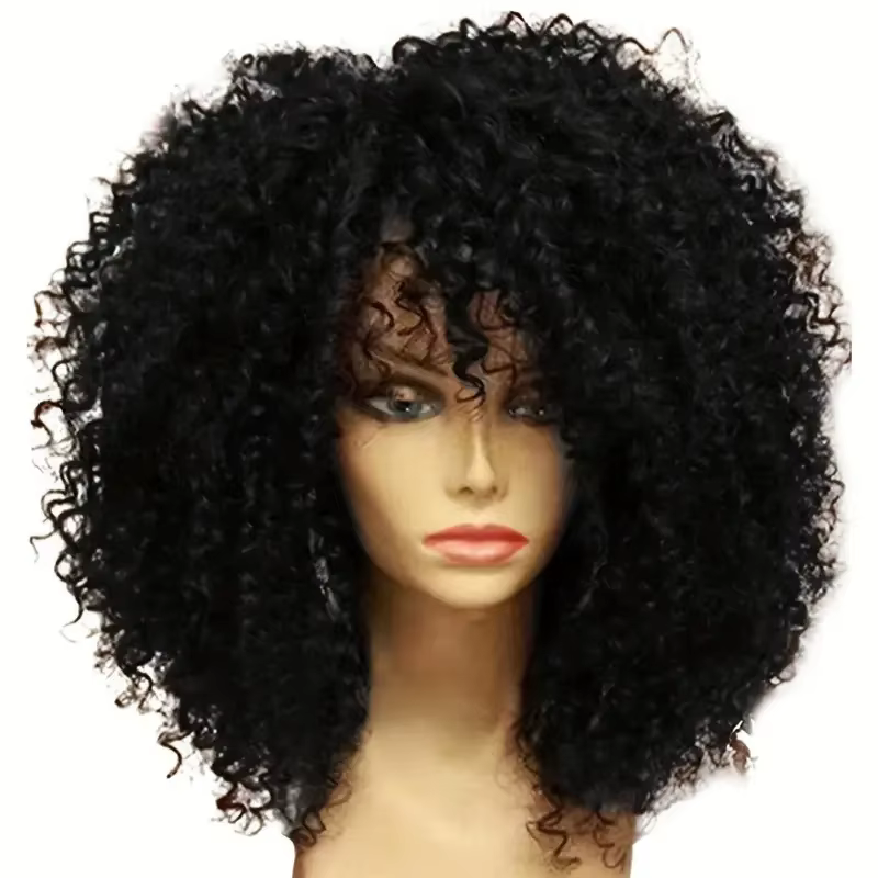 Perruques Afro crépues bouclées avec frange, 16 pouces, en Fiber synthétique douce et moelleuse, san