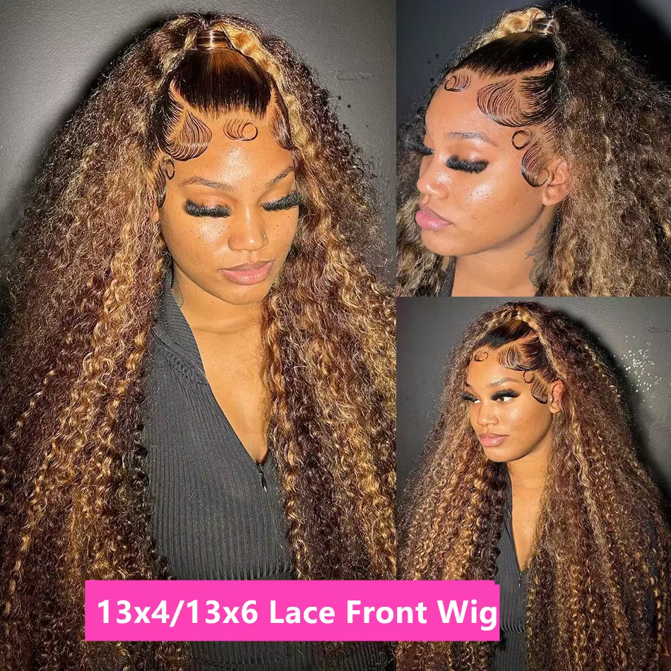 Perruque Lace Frontal Wig sans colle bouclée 360, cheveux naturels, cordon Invisible, 13x6 Hd, P4/27