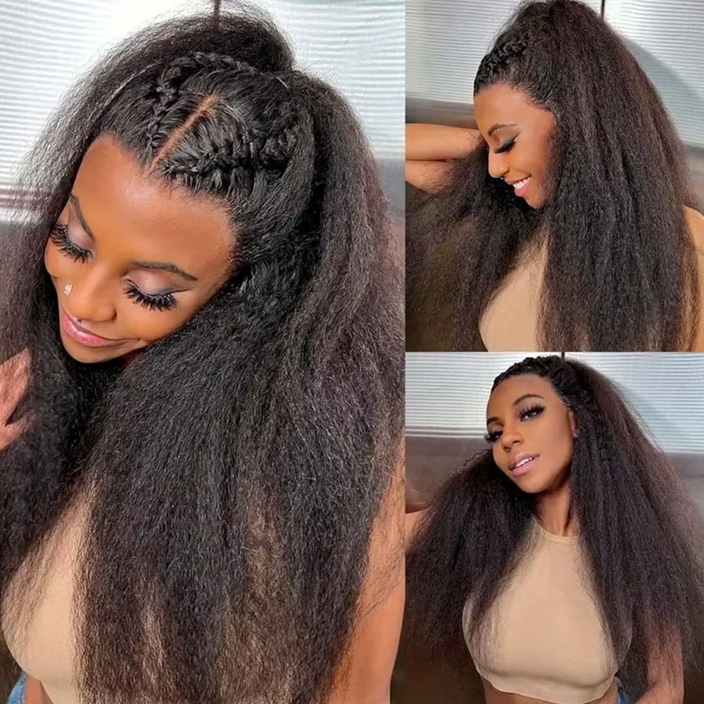 Perruque Kinky Straight à 250 % de densité, fabriquée en cheveux humains, avec une dentelle frontale